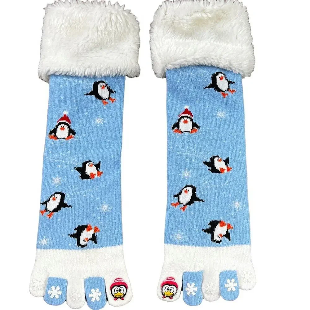 Festive Christmas Penguin Toe Socks in Blue with White Fluffy Fringe Snowflakes